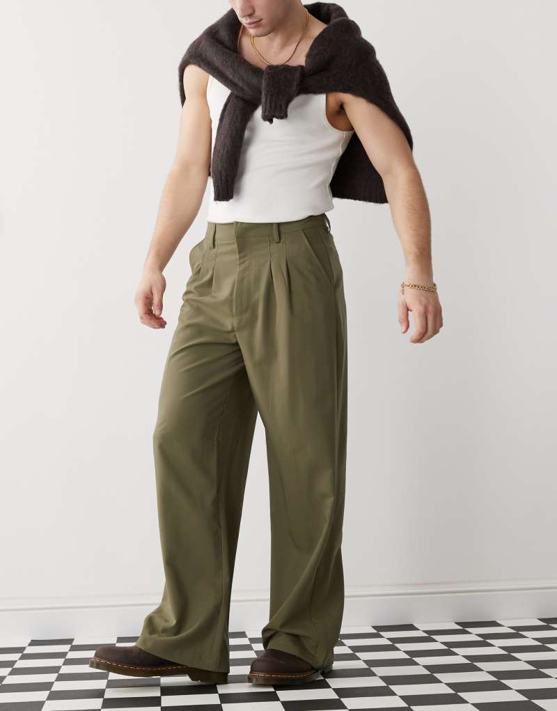 COLLUSION relaxed wide leg tailored pants in olive Collusion