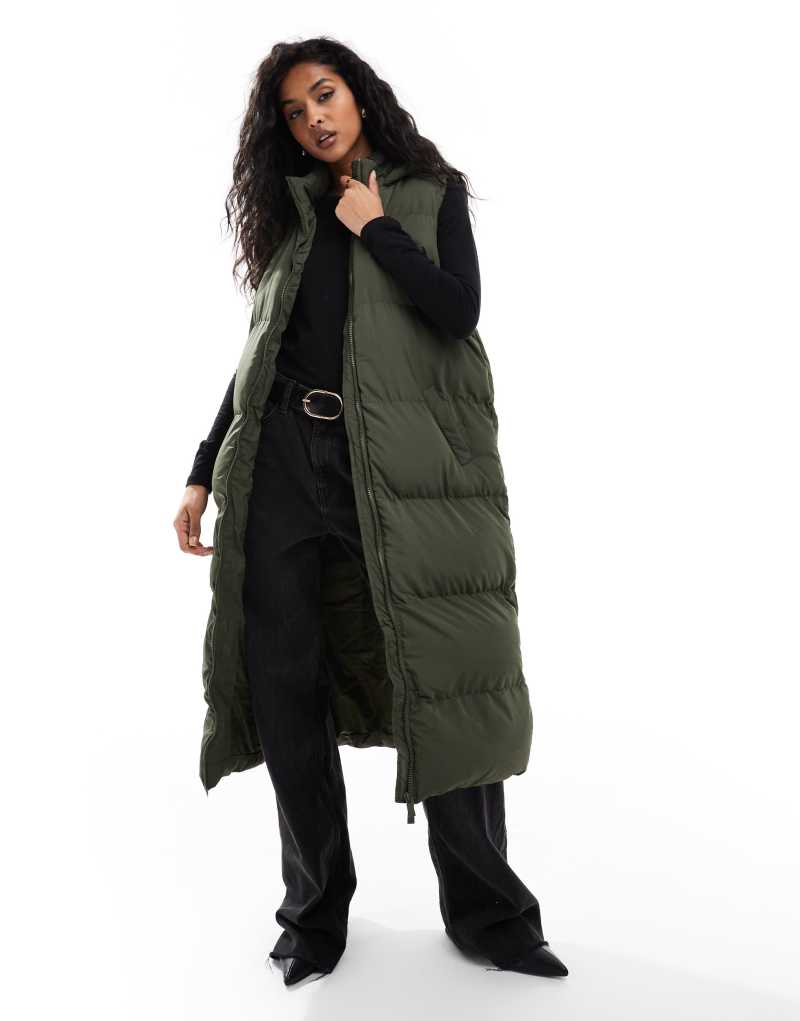 French Connection longline puffer vest with hood in khaki  French Connection