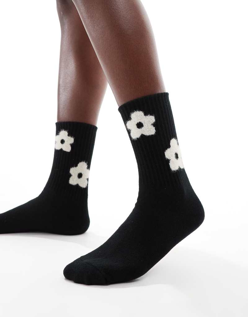 Glamorous flower embroidered socks in black  GLAMOROUS