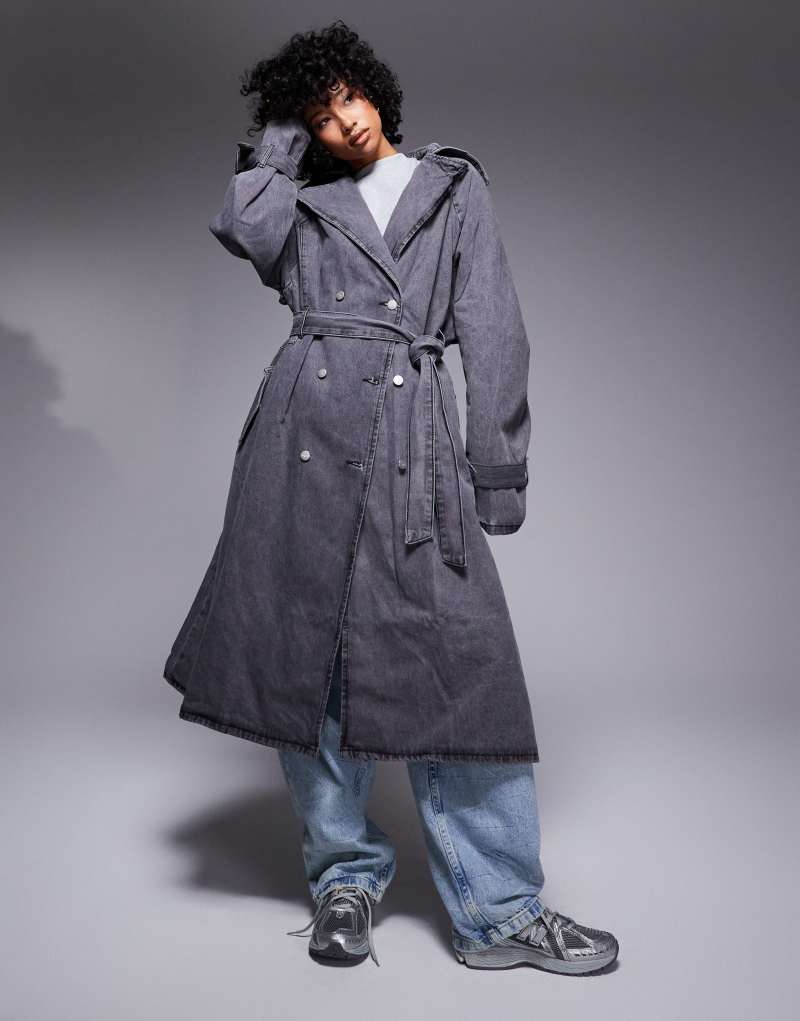 Liquor N Poker denim maxi trench coat with raw edges in gray Liquor N Poker