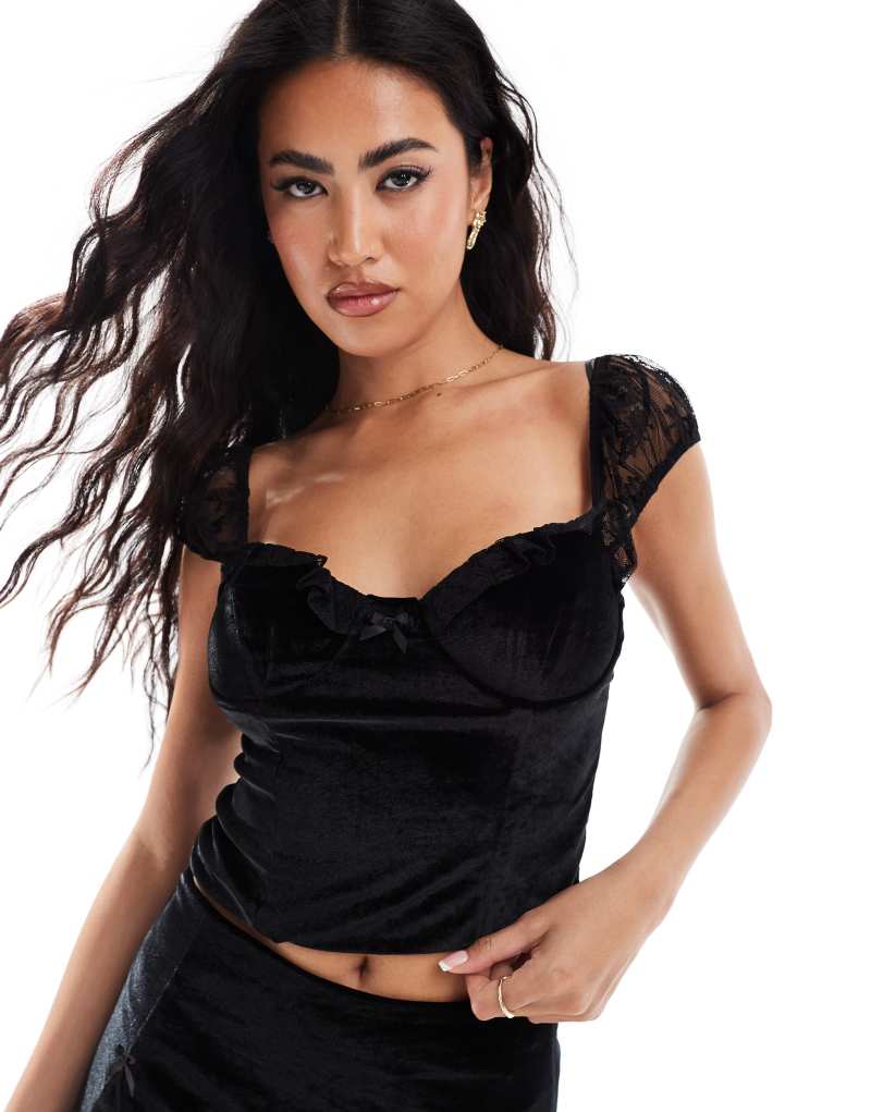 Love Triangle velvet corset top with lace detail in black - part of a set Love Triangle