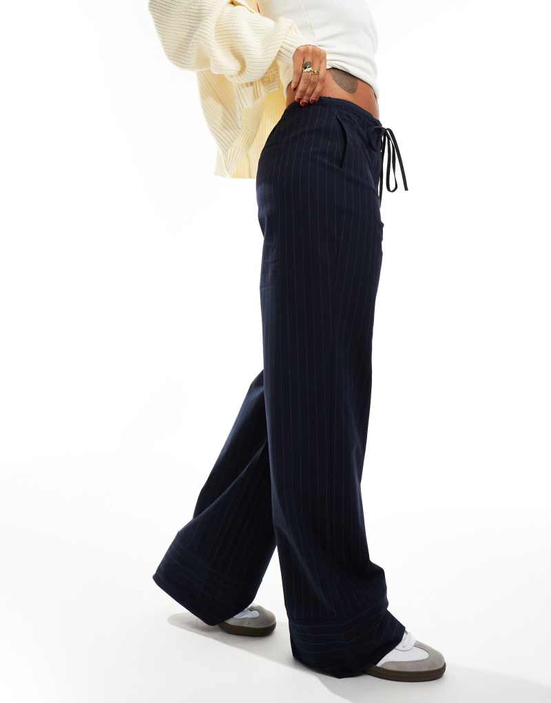 Mango elastic pinstripe tie front pants in navy MANGO