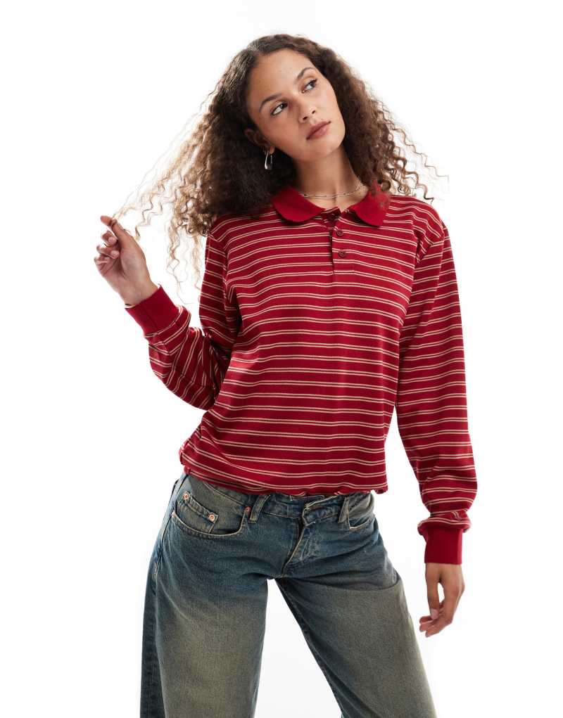 Motel kemillau baggy striped long sleeve rugby top in red and white Motel