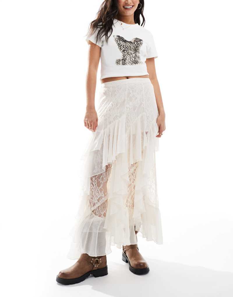 Miss Selfridge lace and chiffon mix maxi skirt in ivory Miss Selfridge