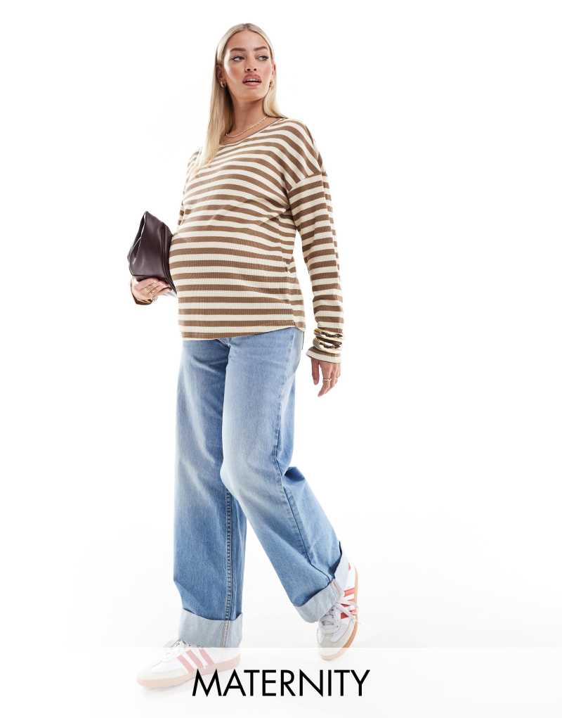 Mamalicious Maternity long sleeve breton stripe T-shirt in white and yellow MAMALICIOUS