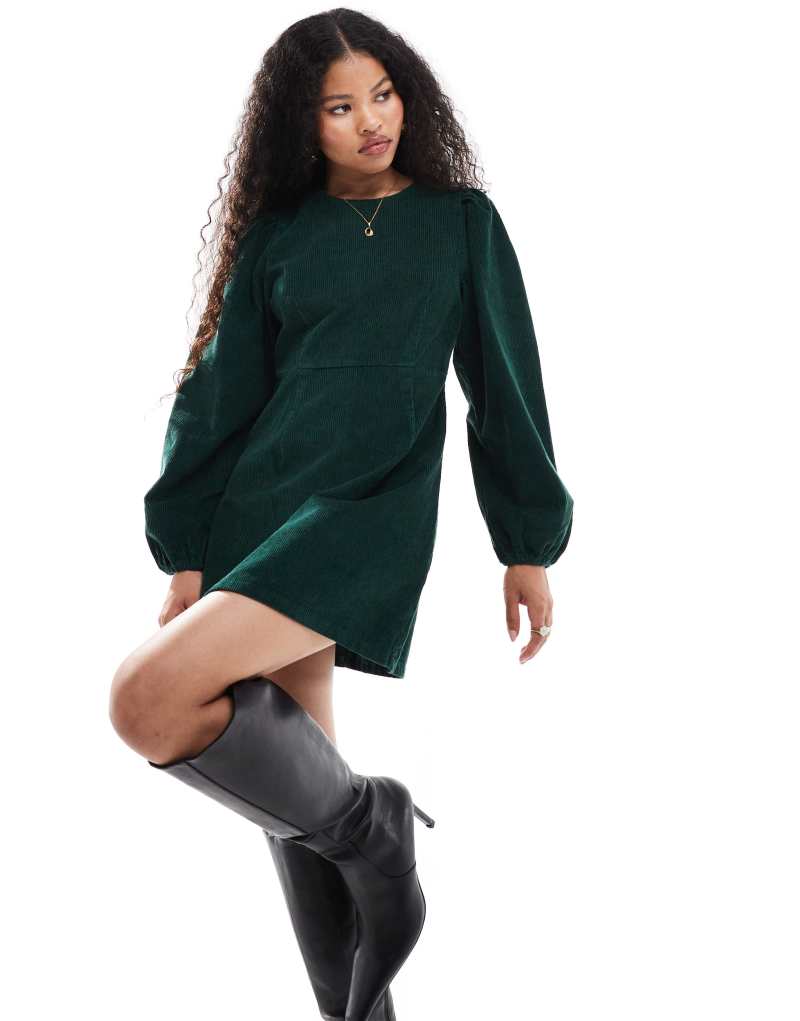 Nobody's Child Petite Patras corduroy mini dress with balloon sleeves in forest green Nobody's Child