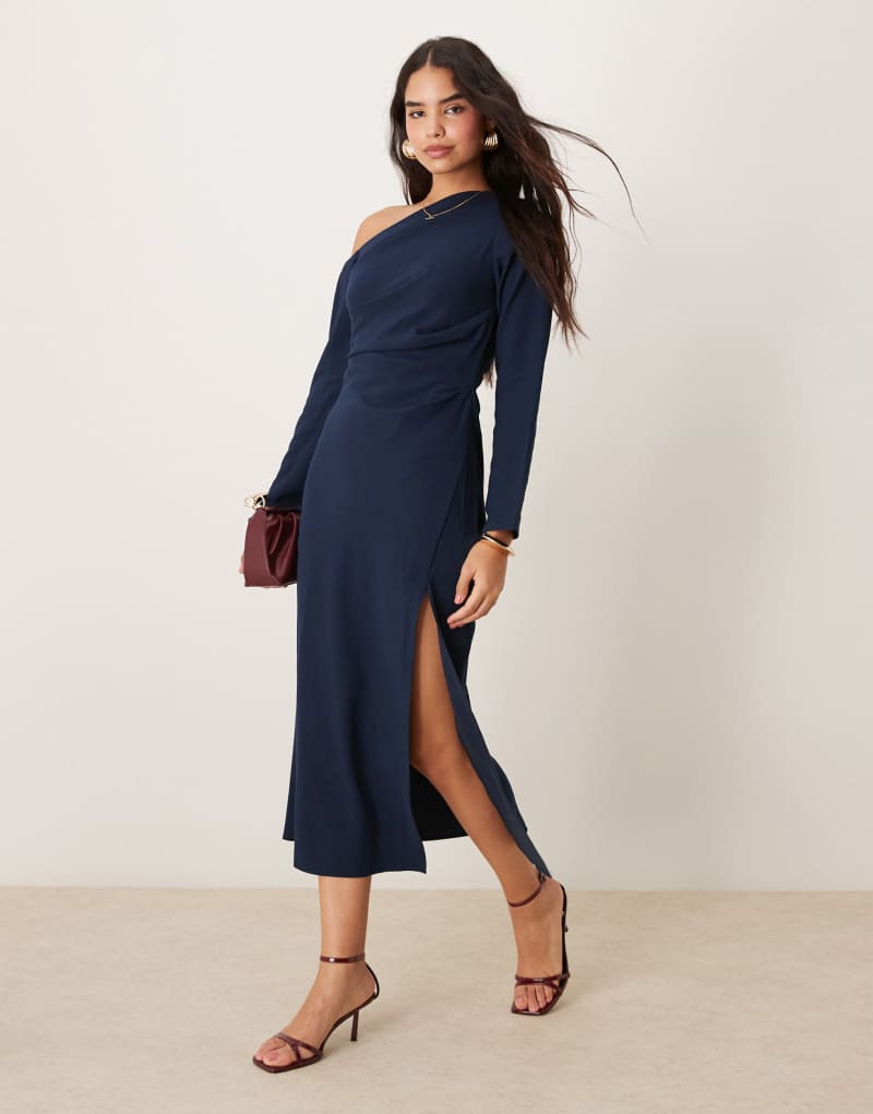 Nobody's Child Katty off shoulder midaxi dress with split in navy Nobody's Child