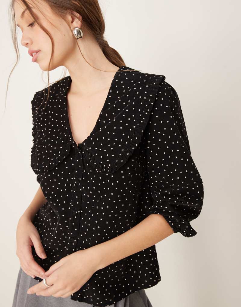 Nobody's Child Emmie cord blouse with collar in black spot print Nobody's Child