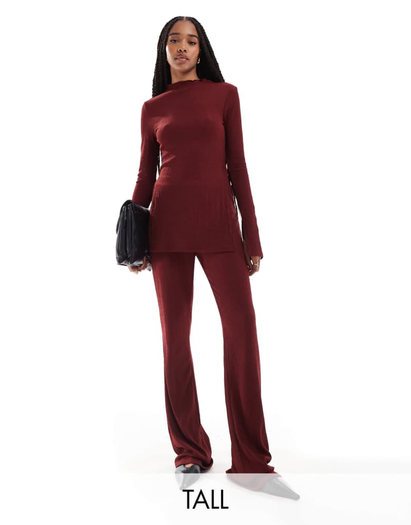 ONLY Tall high waist textured pants in burgundy - part of a set ONLY