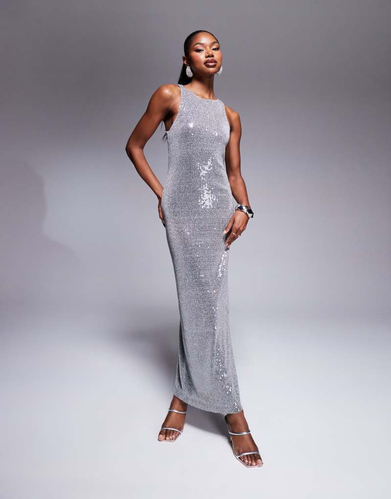 Rare London sleeveless sequin maxi dress in silver Rare