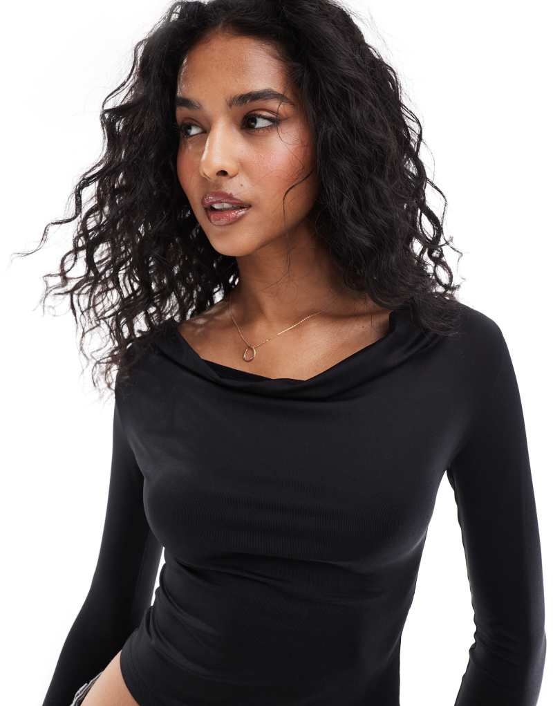 Stradivarius cowl neck long sleeve top in black Stradivarius