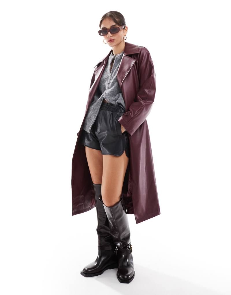 Stradivarius leather look trench coat in burgundy Stradivarius