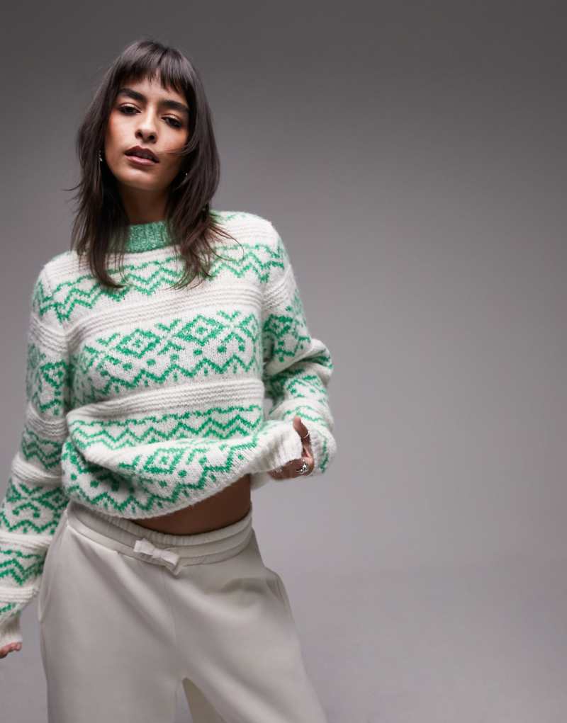 Topshop knit fluffy zig zag fairisle crew sweater in green TOPSHOP