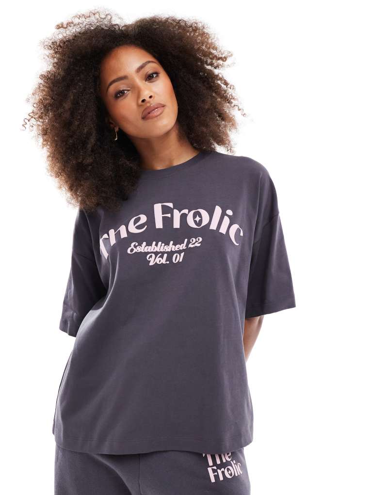 The Frolic x Bella Stovey exclusive oversized logo t-shirt in charcoal - part of a set The Frolic