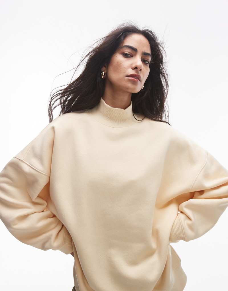 Topshop premium funnel neck sweat in buttermilk TOPSHOP