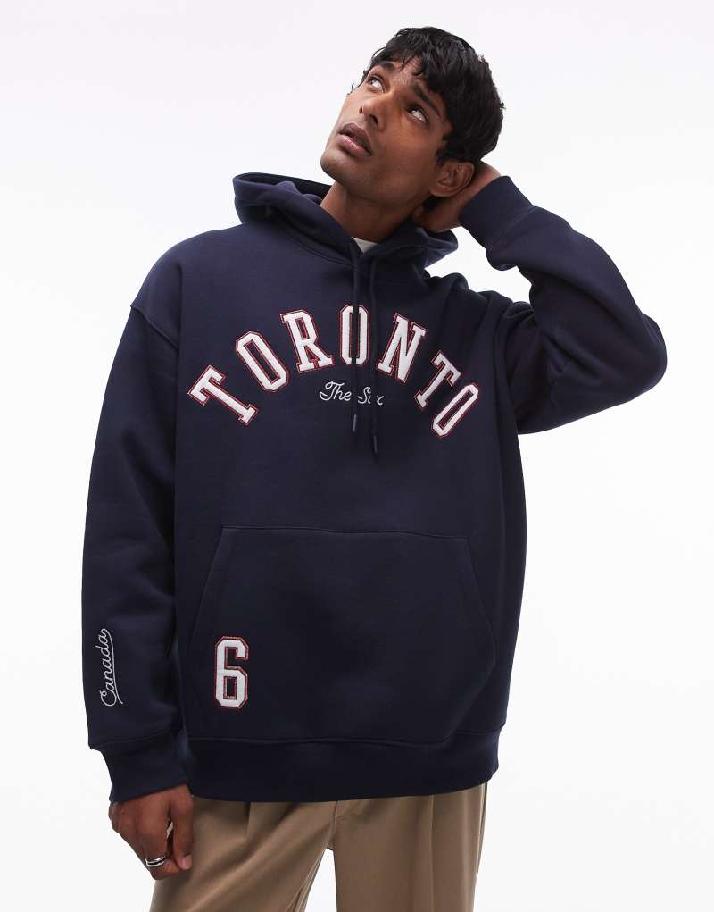 Topman oversized fit hoodie with Toronto print and embroidery in navy TOPMAN