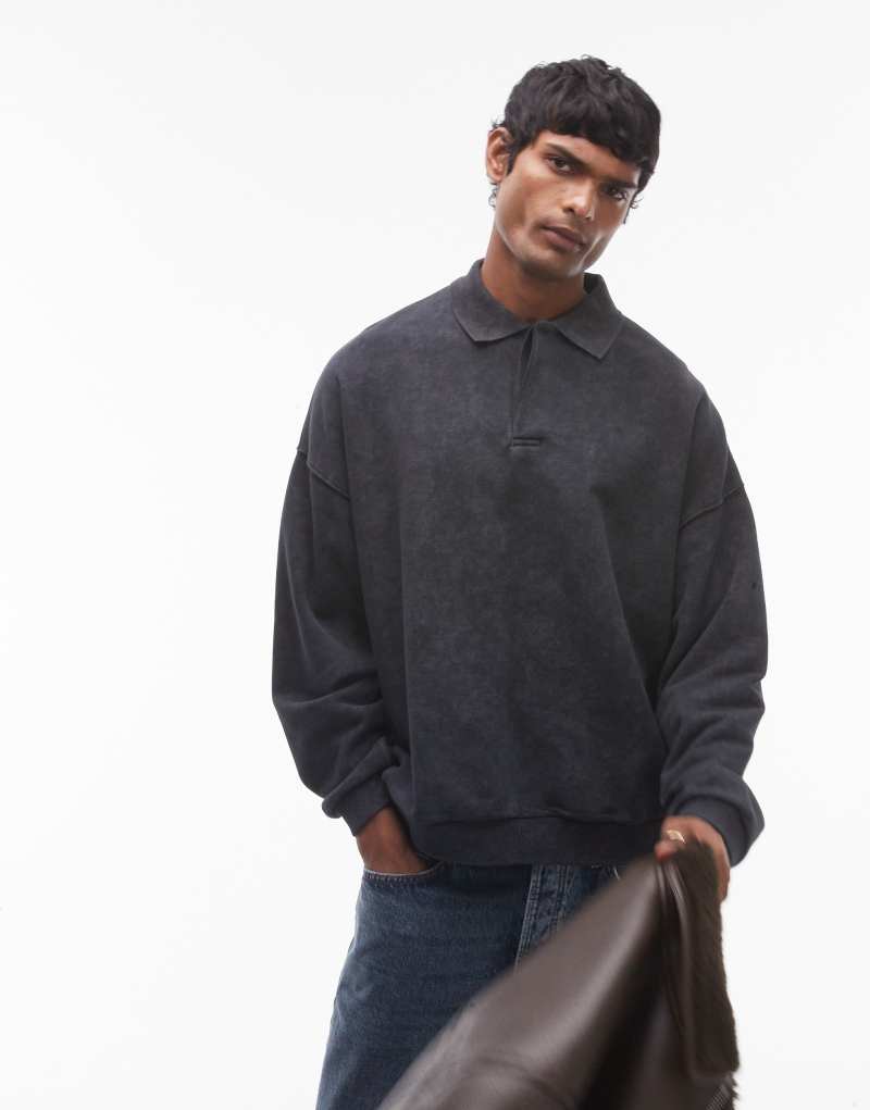 Topman oversized fit sweatshirt fabric polo shirt in washed black TOPMAN