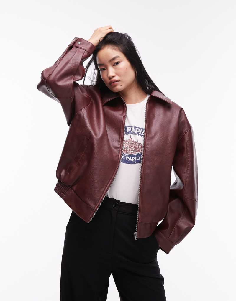 Topshop grain faux leather oversized bomber jacket in burgundy TOPSHOP