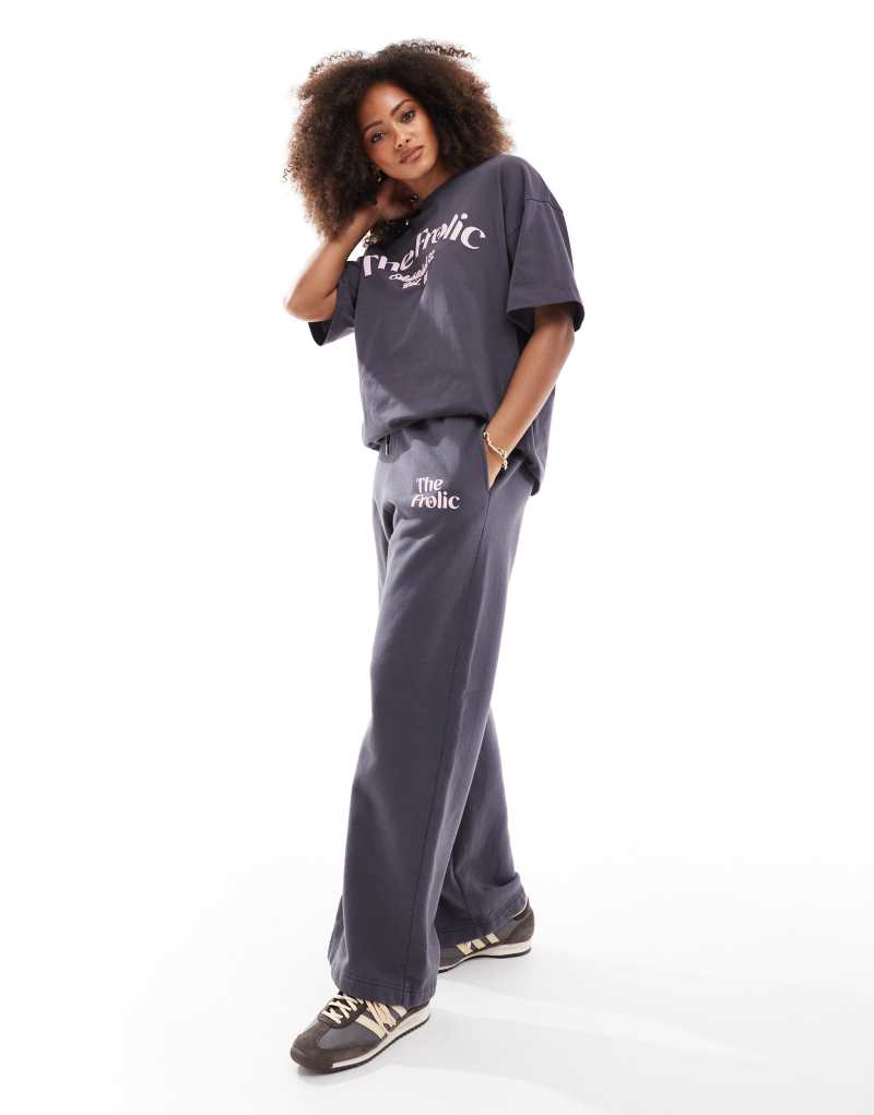 The Frolic x Bella Stovey exclusive logo wide leg sweatpants in charcoal - part of a set The Frolic