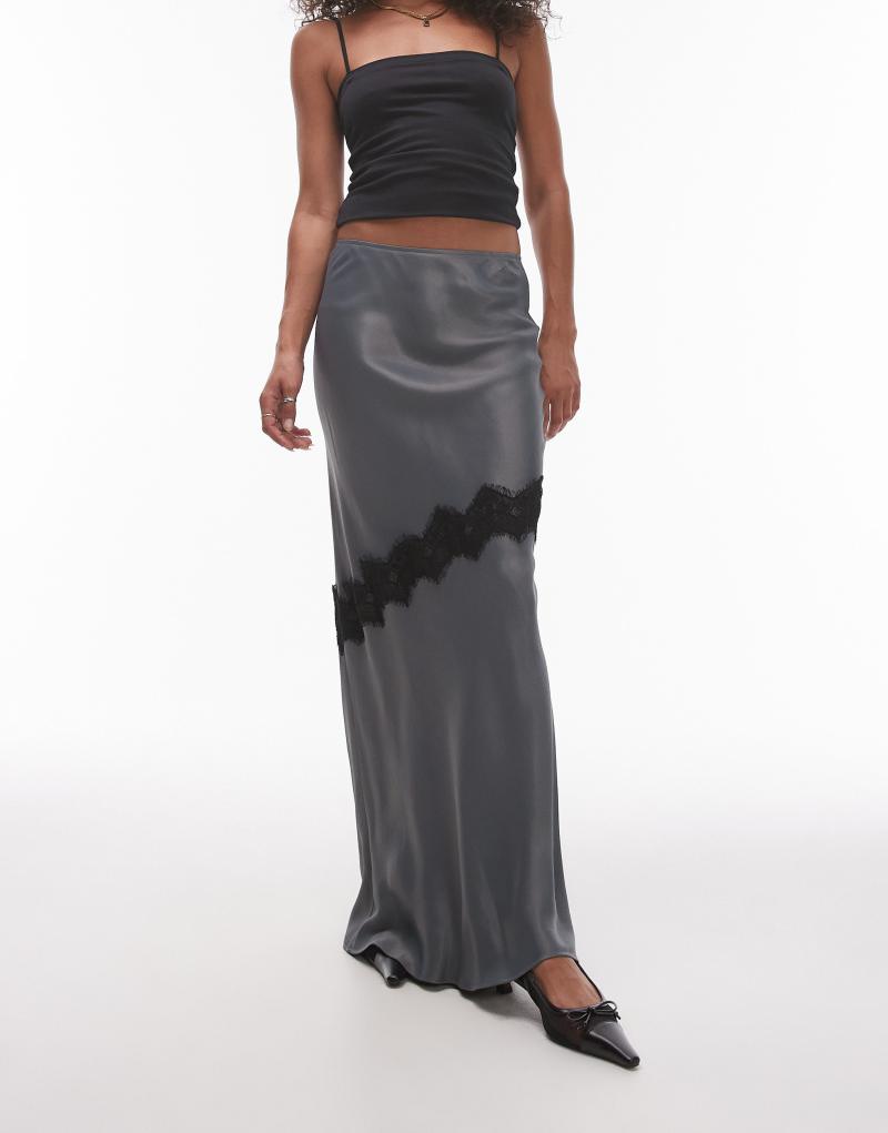 Topshop satin bias maxi skirt with diagonal lace insert in gray TOPSHOP