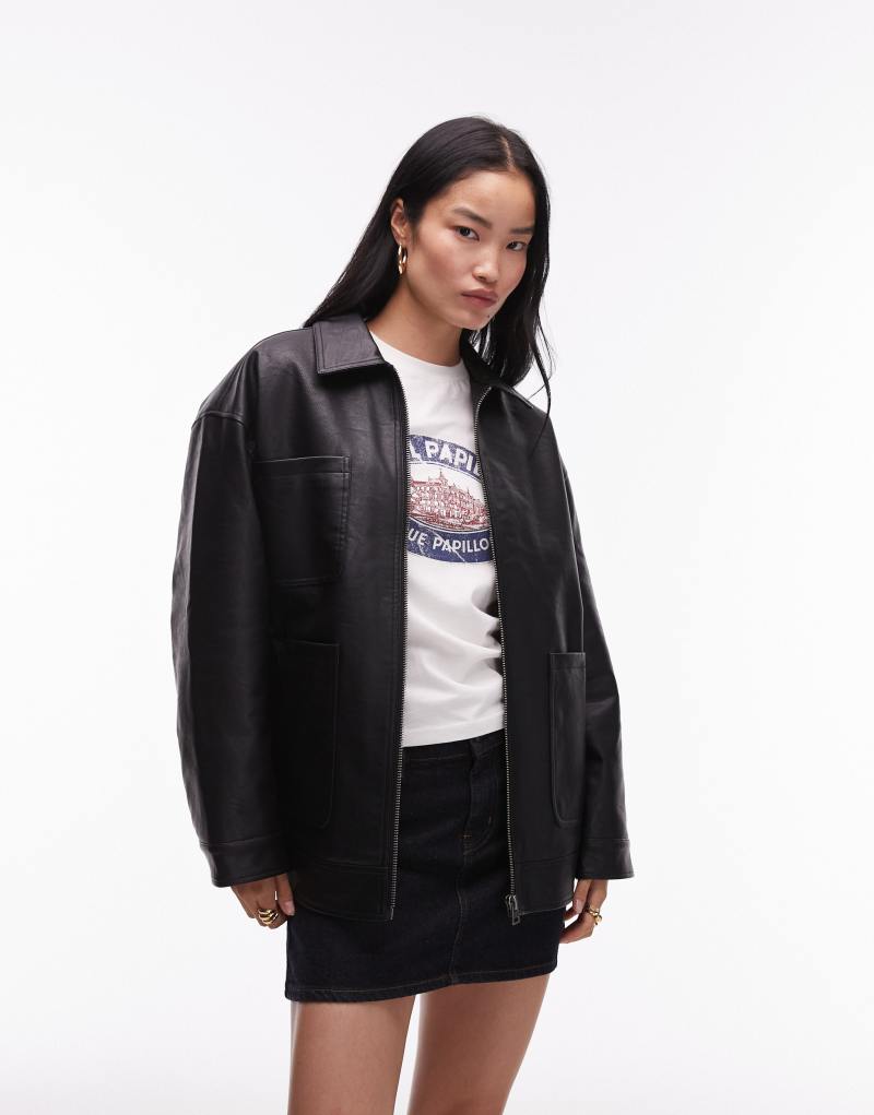 Topshop faux leather zip up 80s jacket with patch pockets in black TOPSHOP