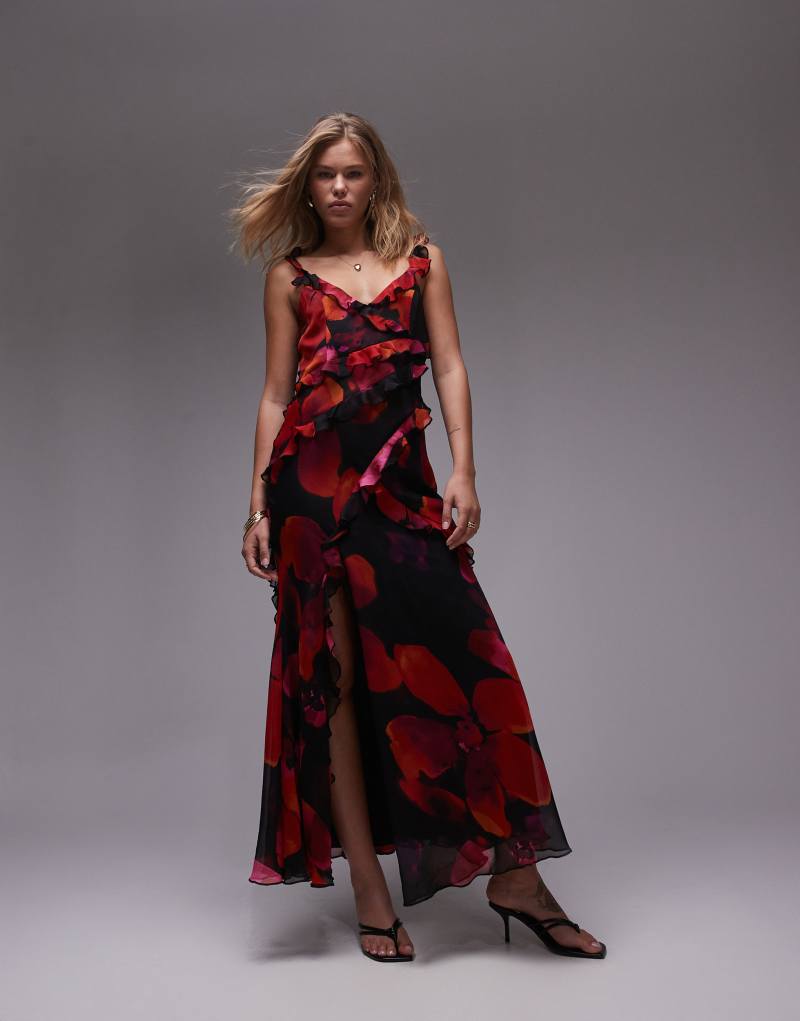 Topshop ruffle cami maxi dress in bold red and pink floral TOPSHOP