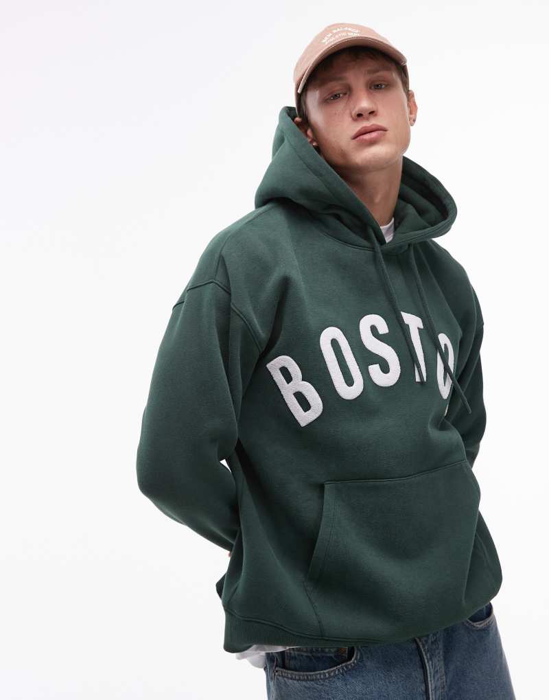 Topman oversized fit hoodie with Boston print in washed green TOPMAN