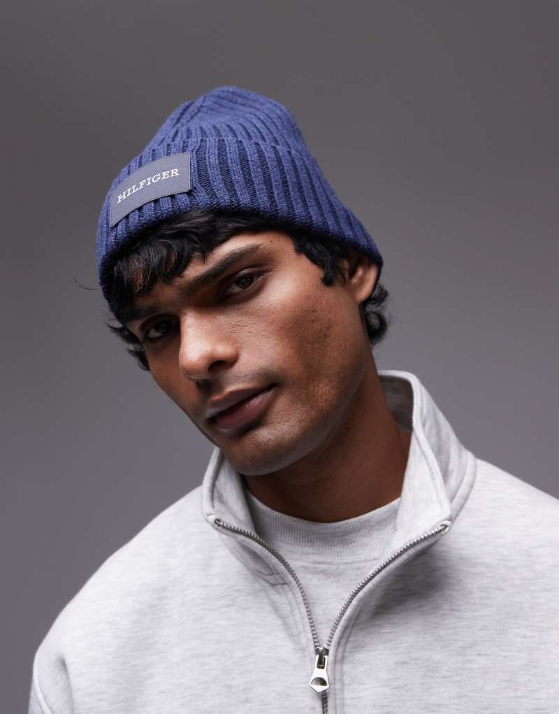 Tommy Hilfiger patch logo ribbed beanie in navy Tommy Hilfiger