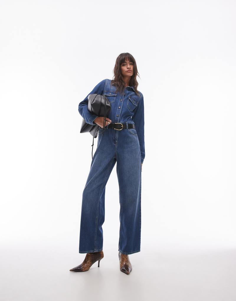 Topshop denim slim fit jumpsuit in mid blue TOPSHOP