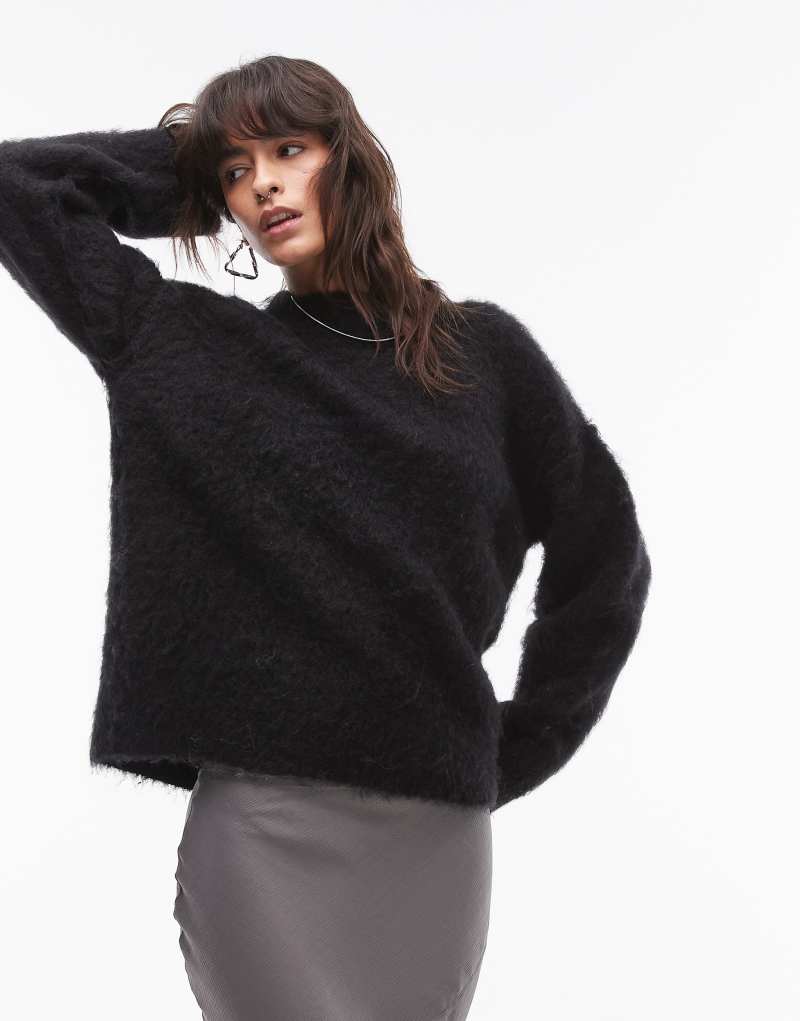 Topshop knitted fluffy relaxed sweater in black TOPSHOP