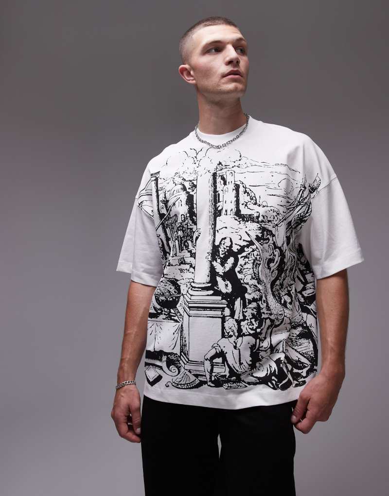 Topman premium heavyweight extreme oversized fit t-shirt with front and back medieval scene print in ecru TOPMAN