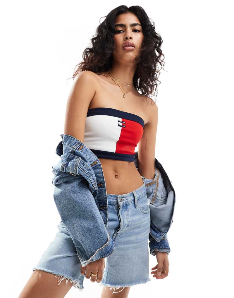 Женская Укороченная Футболка Tommy Jeans Bandeau в Красном, Белом и Синем Tommy Jeans