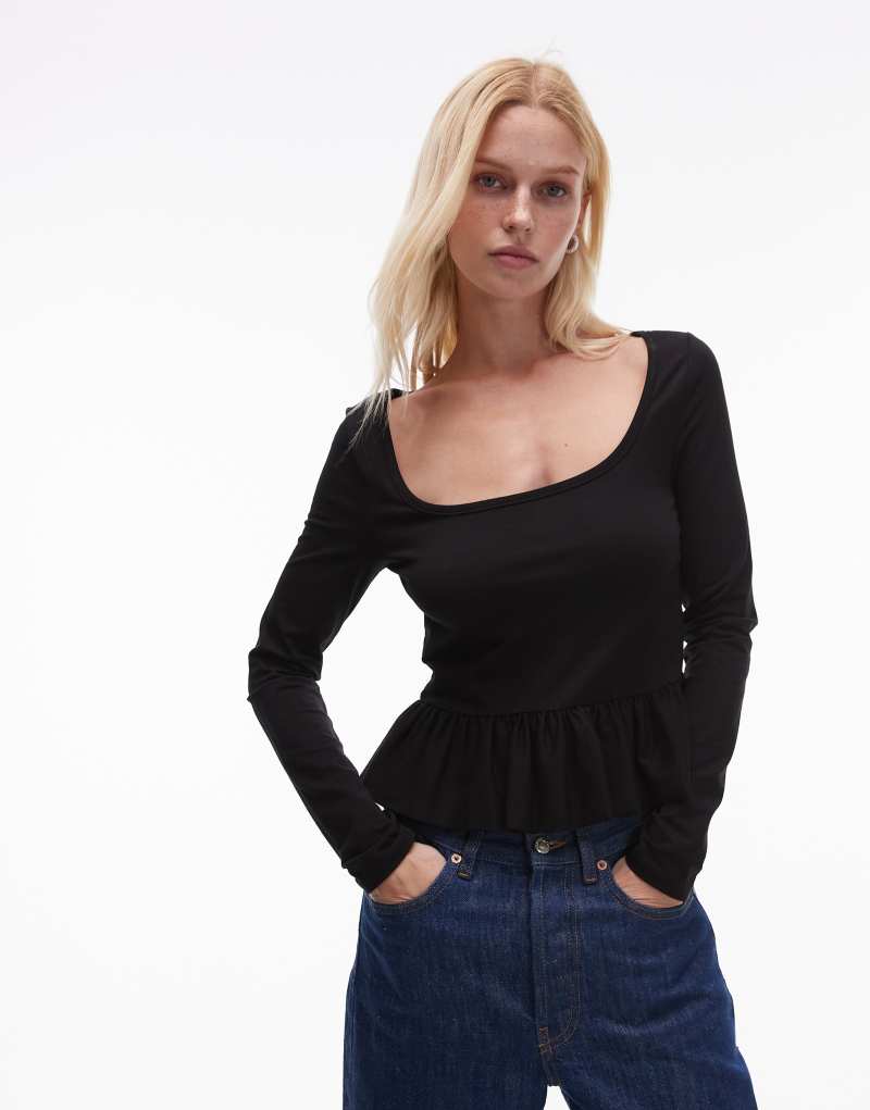 Topshop long sleeve peplum top in black TOPSHOP