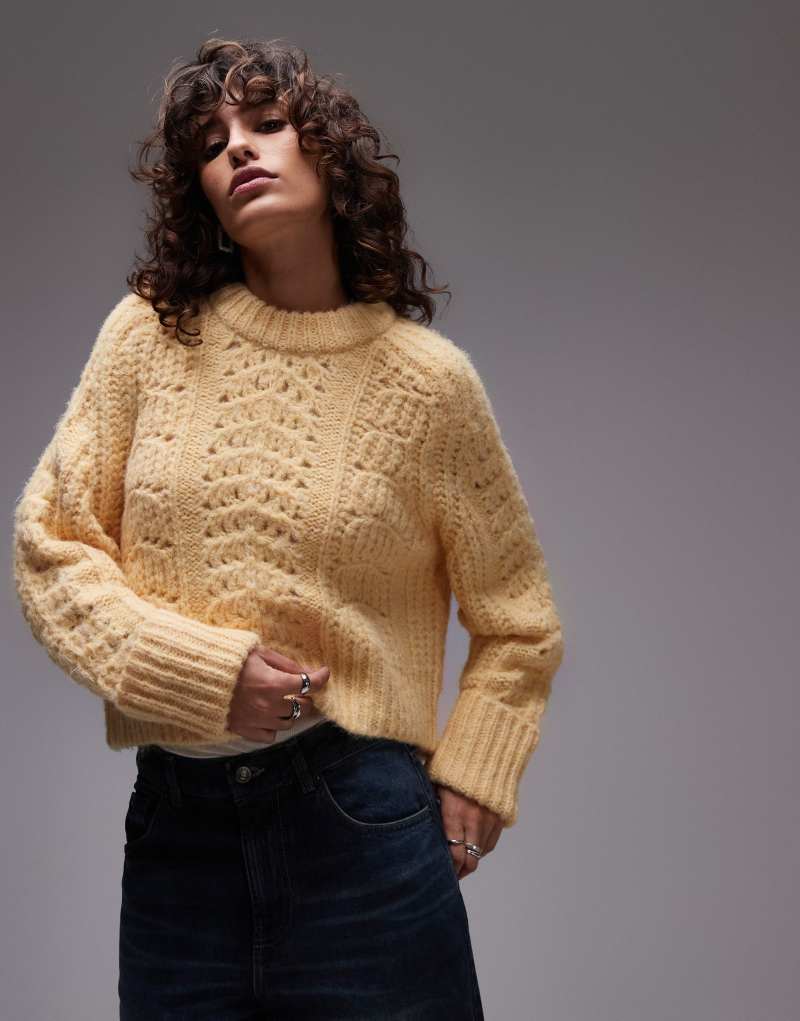 Topshop knitted stitchy crew relaxed sweater in buttermilk TOPSHOP