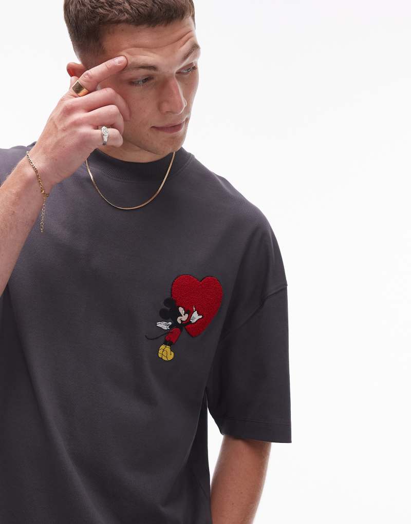 Topman Disney premium extreme oversized fit t-shirt with Mickey heart embroidery patch in charcoal TOPMAN