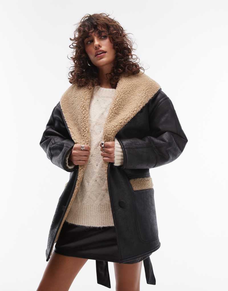 Topshop belted faux leather shearling jacket in black and cream TOPSHOP