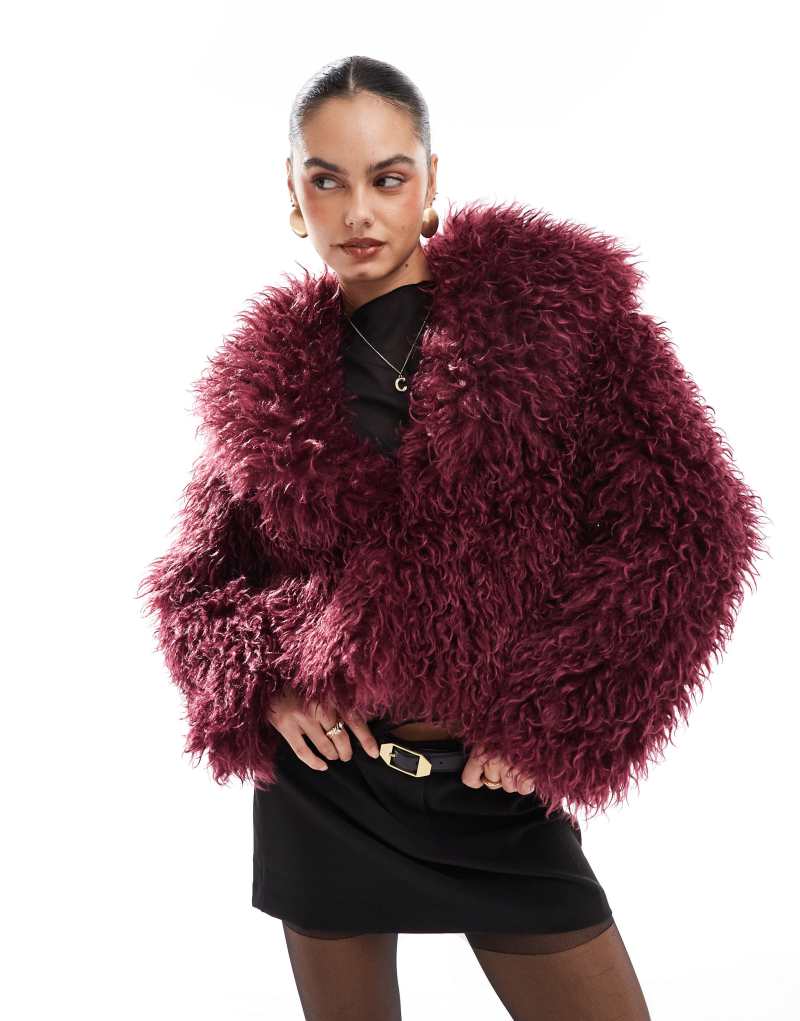 The Frolic x Bella Stovey exclusive oversized collar mongolian faux fur jacket in burgundy The Frolic