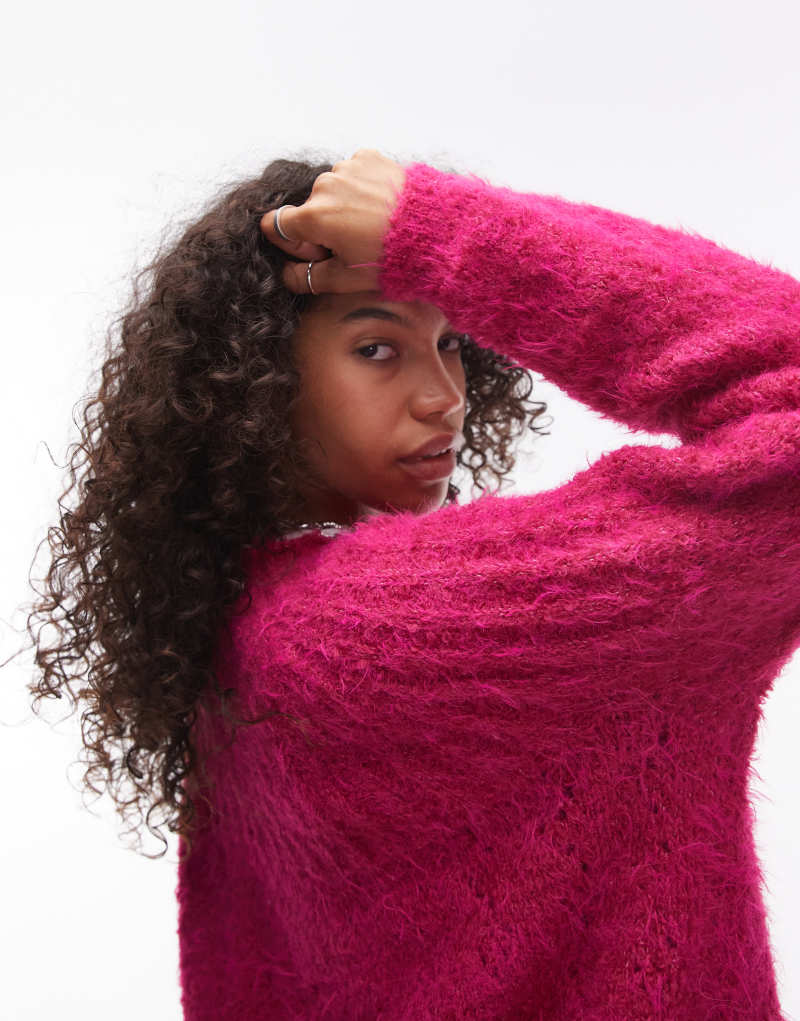 Topshop knitted super fluffy rib detail relaxed sweater in magenta TOPSHOP