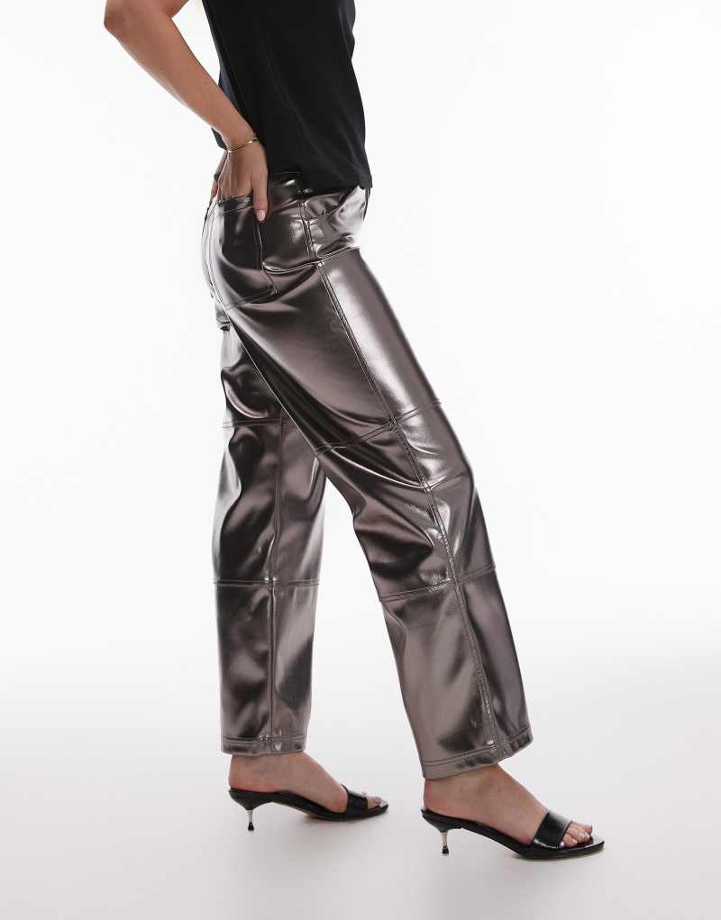 Topshop Hourglass straight leg metallic faux leather pants in gunmetal TOPSHOP