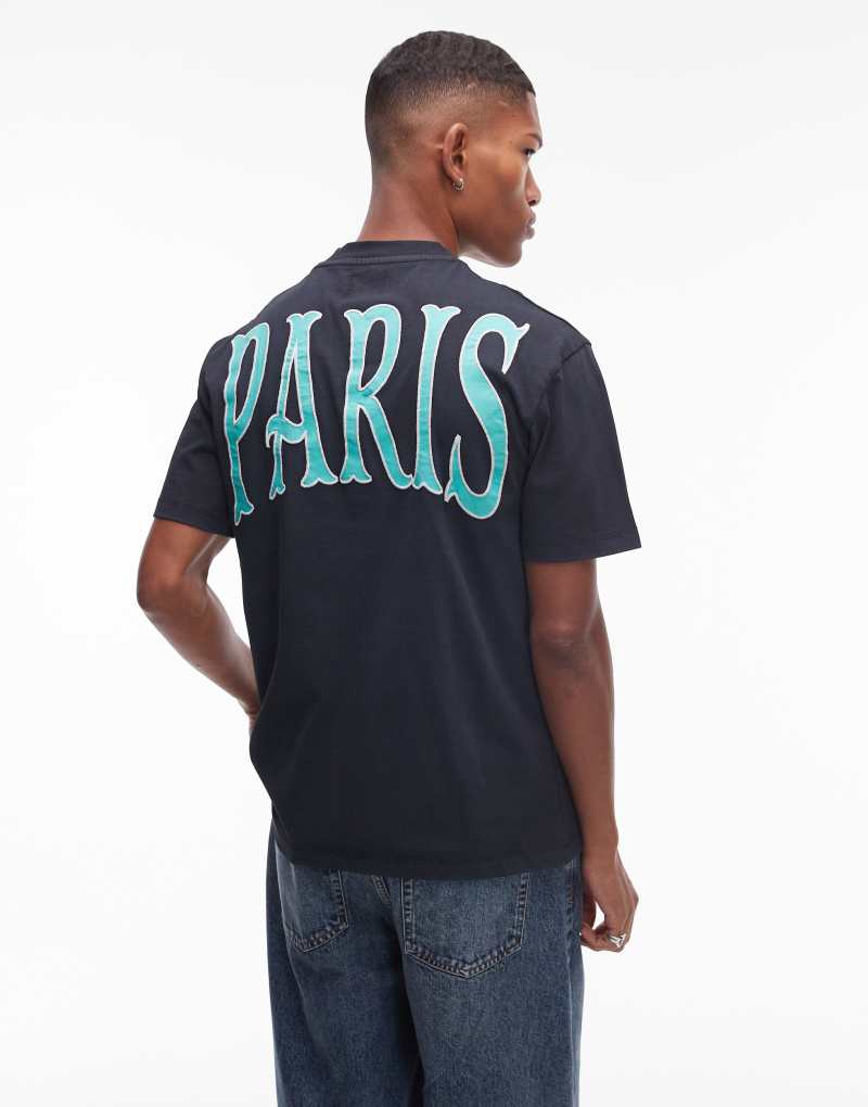 Topman extreme oversized fit t-shirt with front and back Paris print in washed black TOPMAN