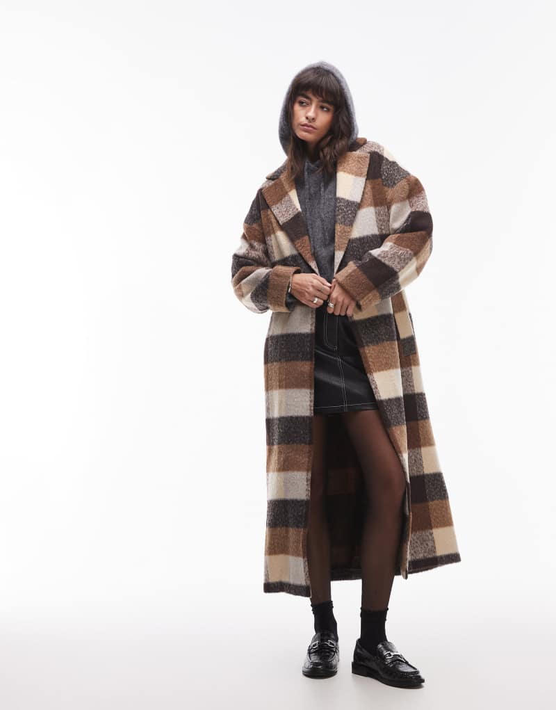 Topshop longline belted wool look coat in brown check  TOPSHOP