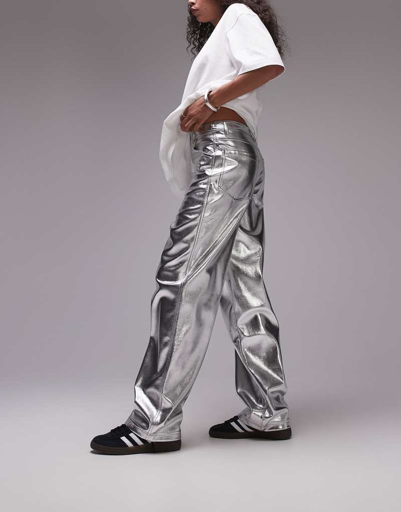 Topshop straight leg faux leather pants in silver TOPSHOP