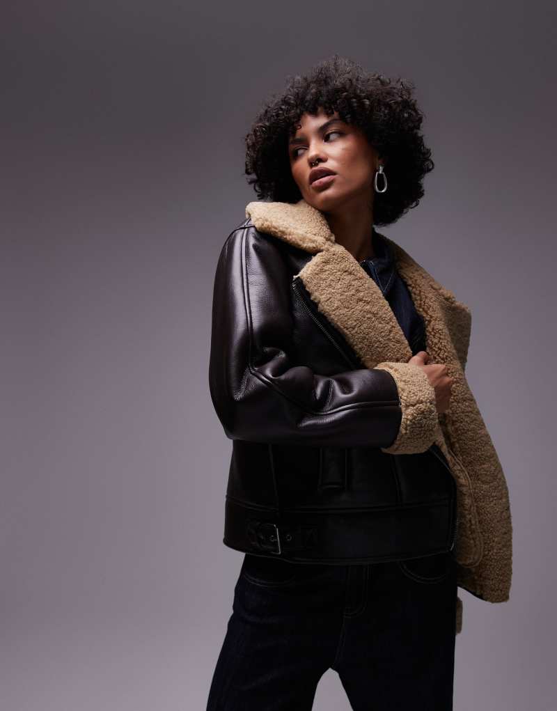 Topshop faux shearling aviator jacket in brown and stone TOPSHOP