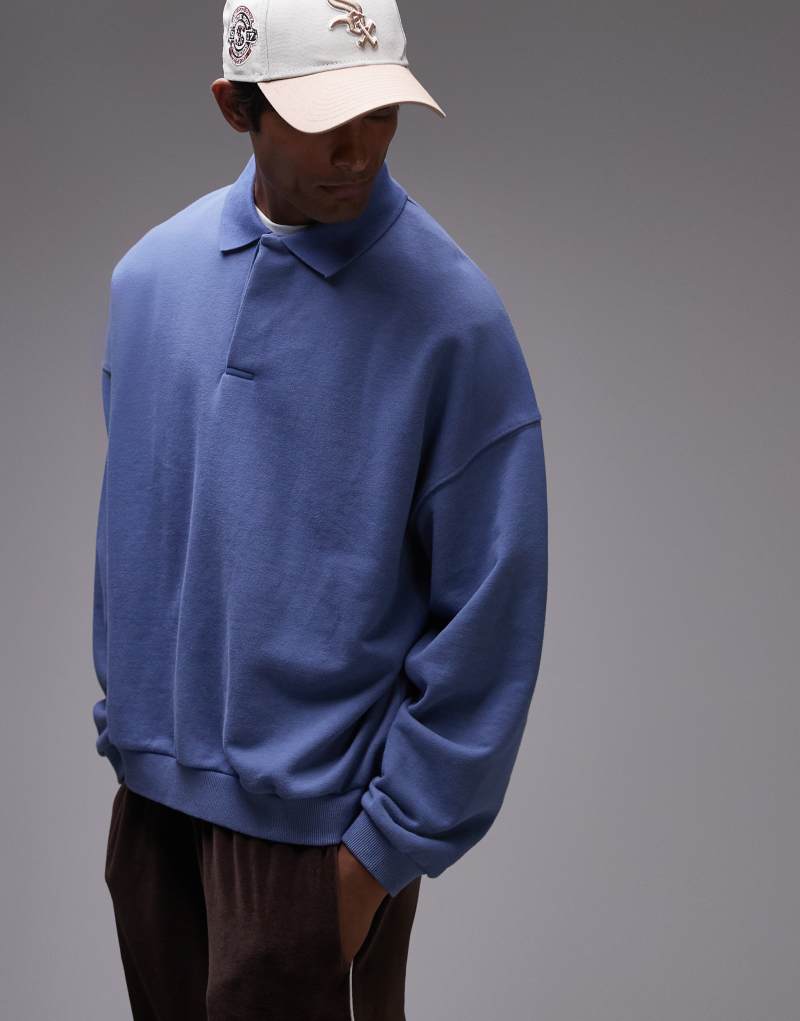 Topman oversized fit sweatshirt fabric polo shirt in washed blue TOPMAN