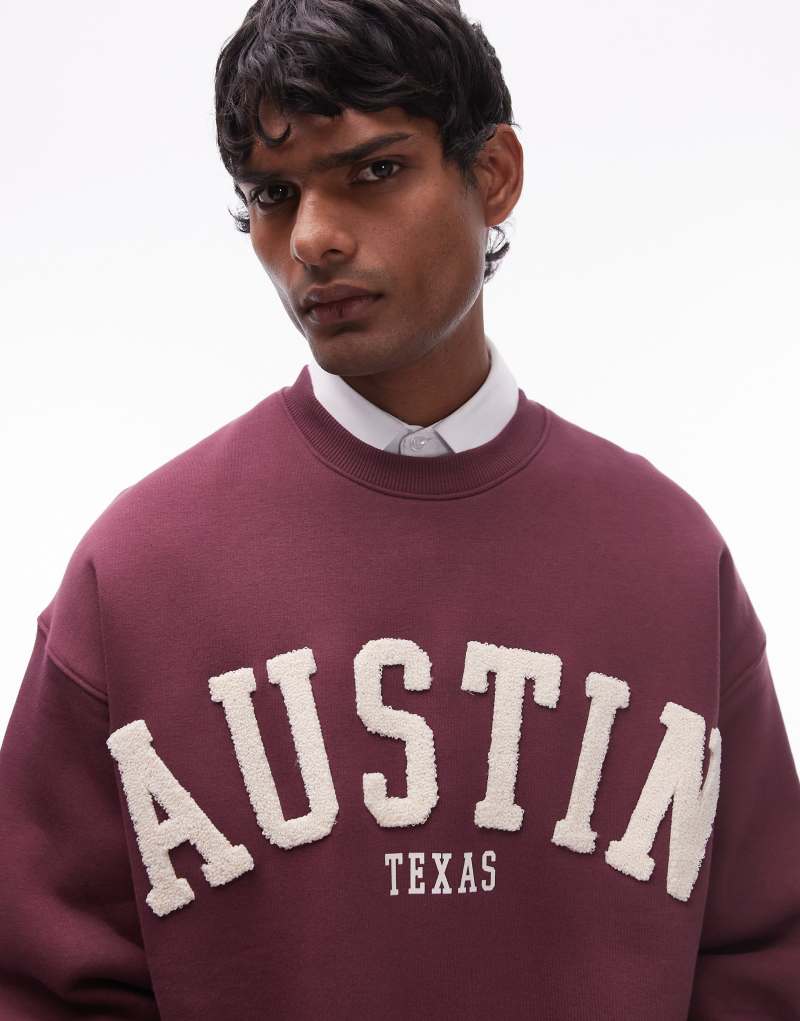 Topman oversized fit sweatshirt with Austin print in burgundy TOPMAN