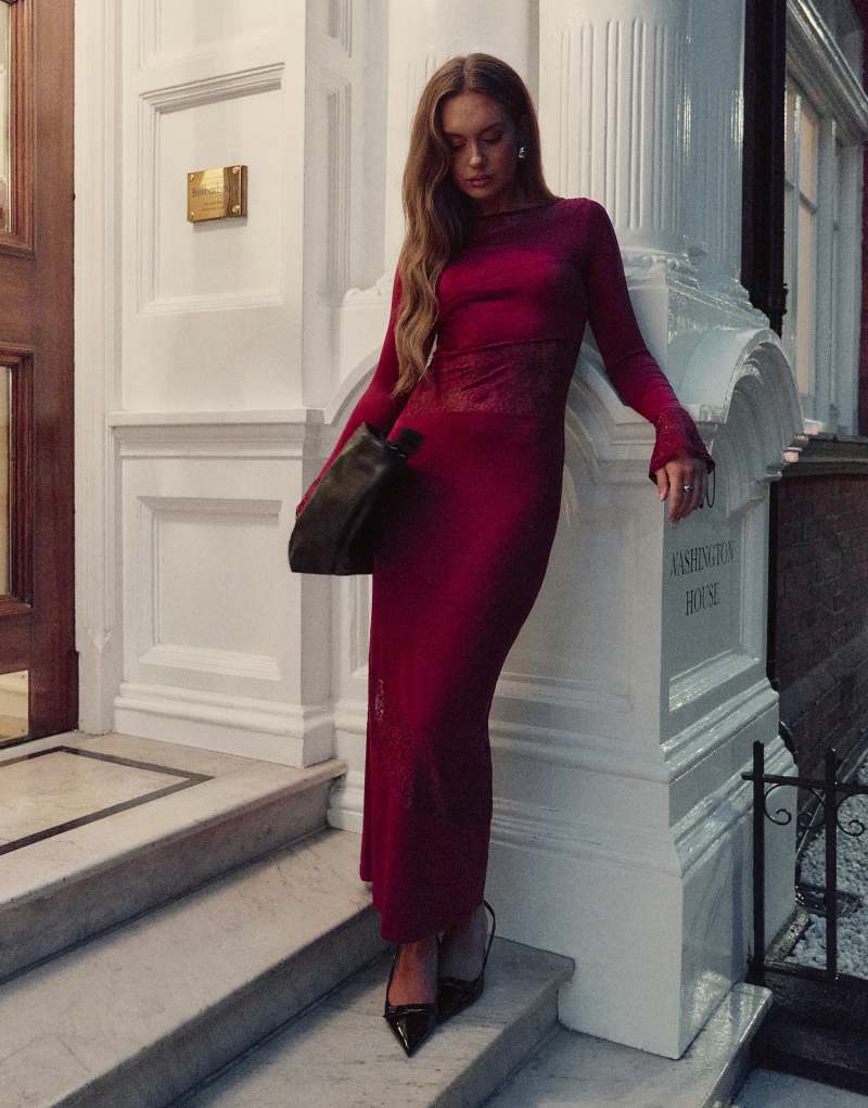 The Frolic x Bella Stovey exclusive lace insert flared sleeve maxi dress in burgundy The Frolic