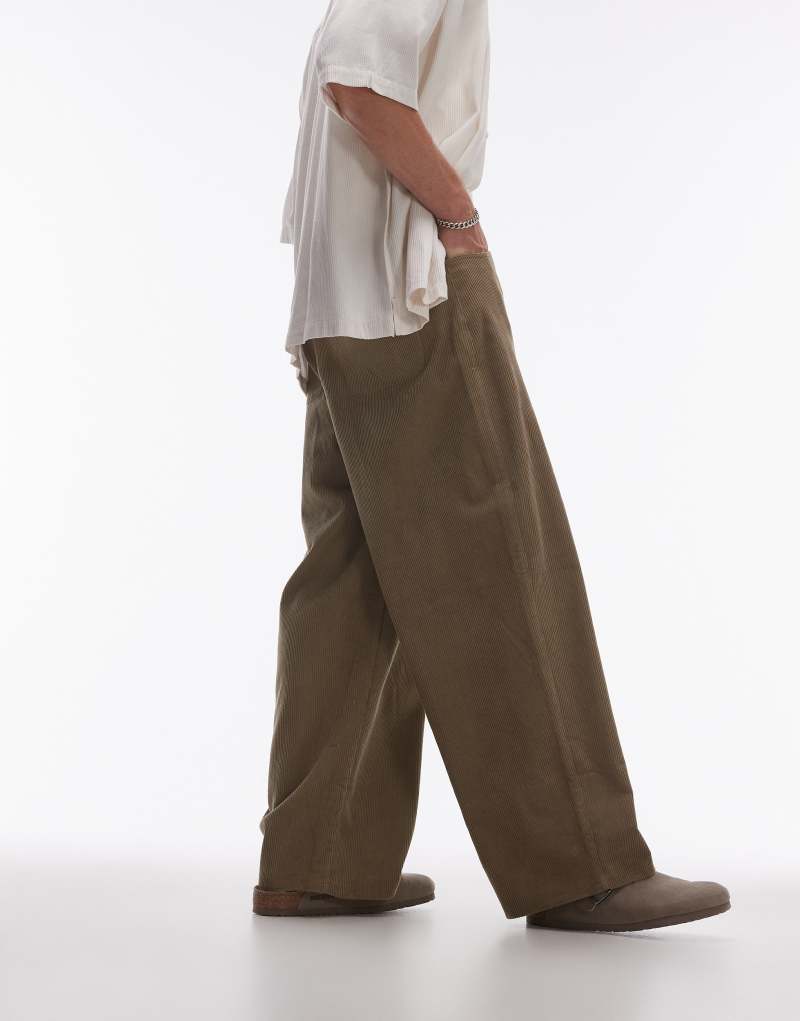 Topman wide leg cord pants in stone TOPMAN