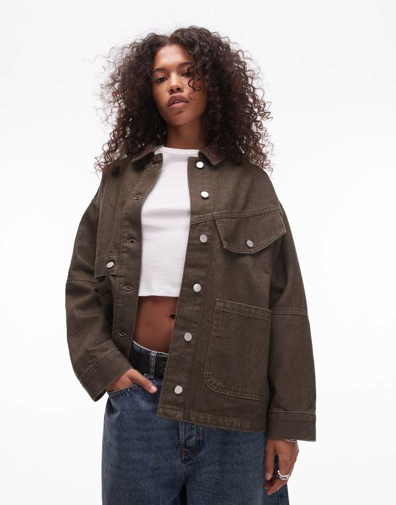 Topshop oversized cotton jacket with cord collar in brown TOPSHOP