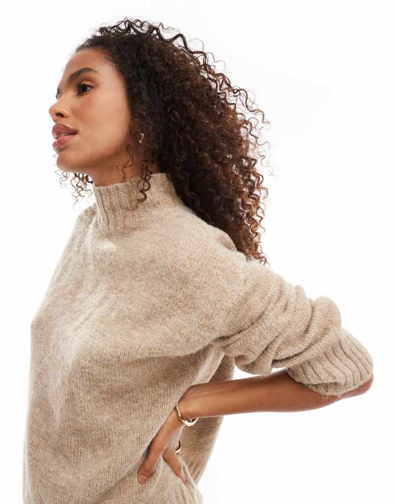 Vero Moda high neck sweater with ribbing in beige melange VERO MODA