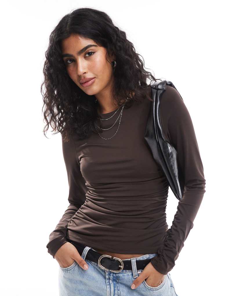 Vero Moda Aware slinky ruched long sleeve top in chocolate brown VERO MODA